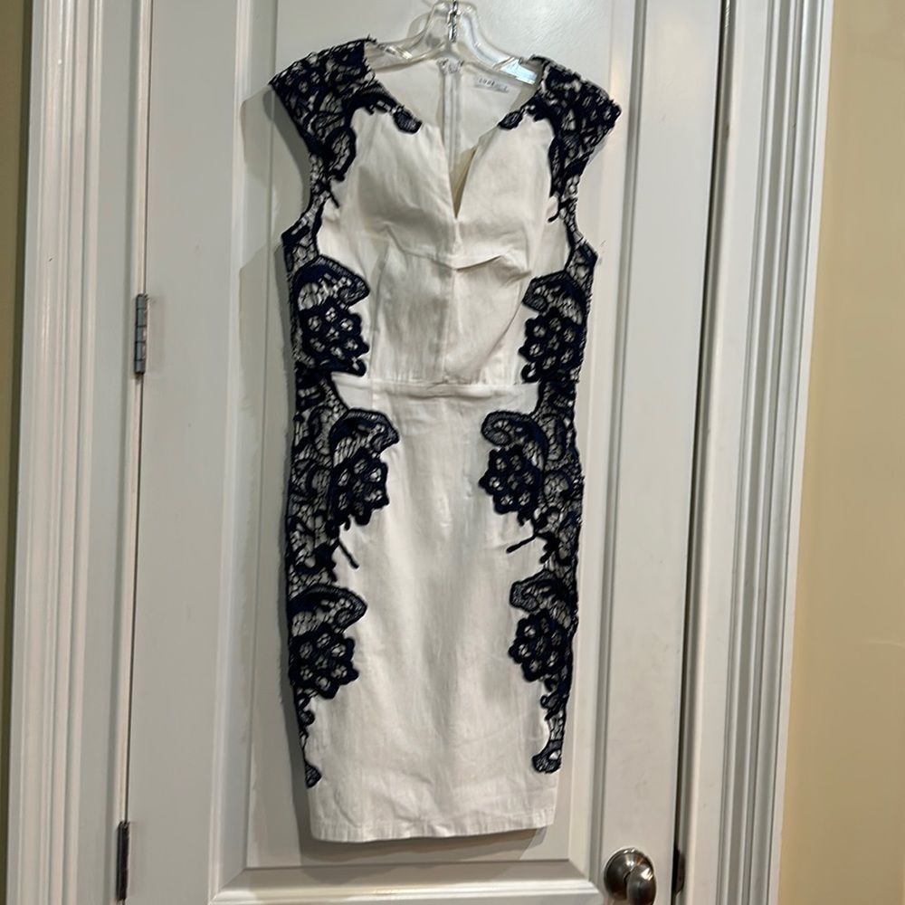 LUNA DRESS, white with blue lace EUC ,